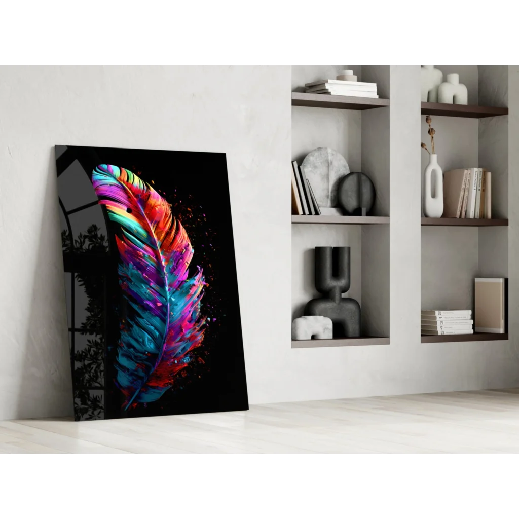 Vibrant multicolored feather glass wall art on black canvas