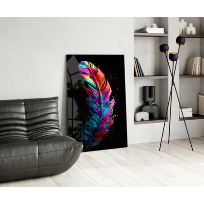 Vibrant multicolored feather glass wall art on black canvas