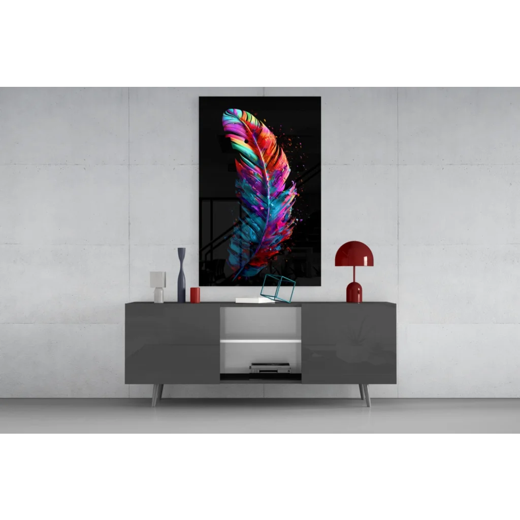 Vibrant multicolored feather glass wall art print on black canvas