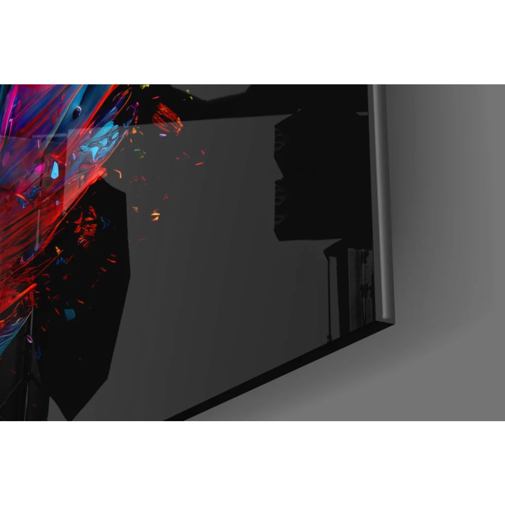 Vibrant abstract glass wall art print with swirling reds and blues