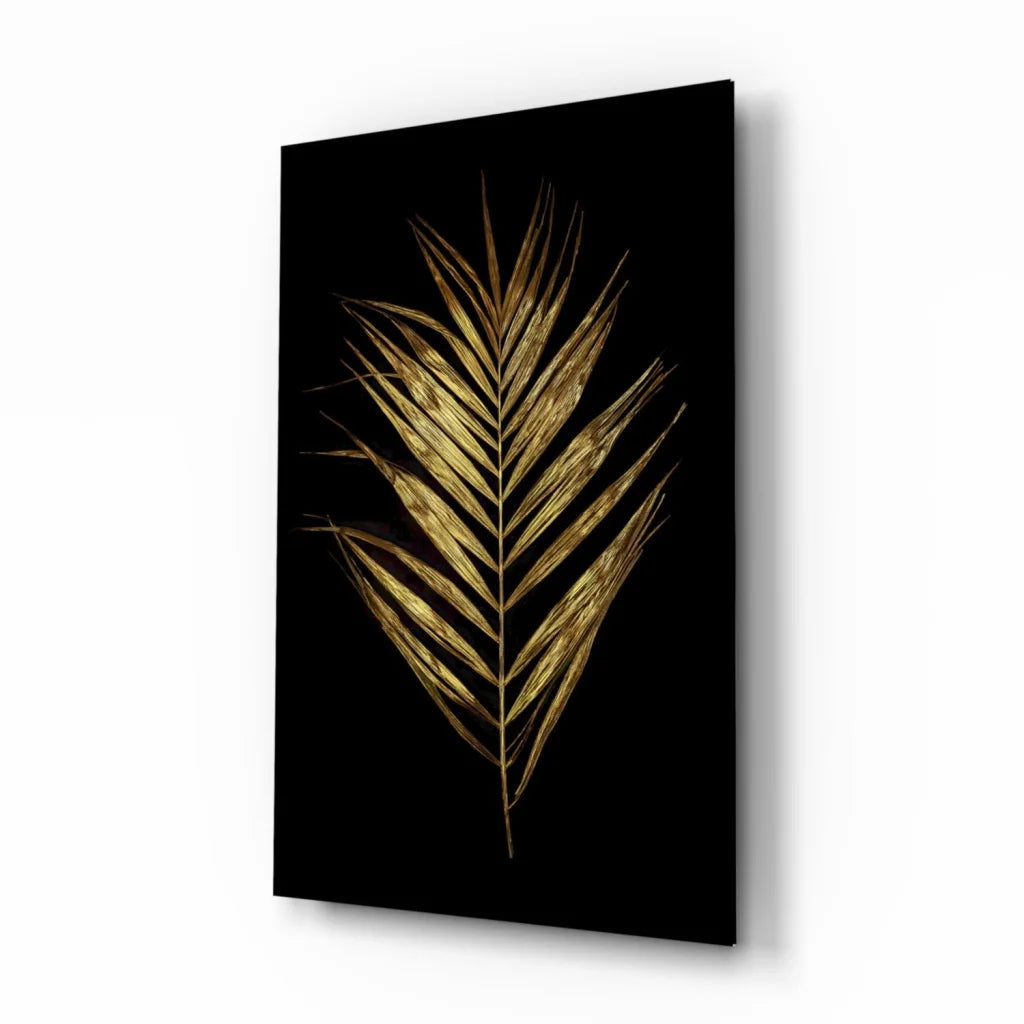 Stunning gold palm leaf glass wall art on sleek black canvas
