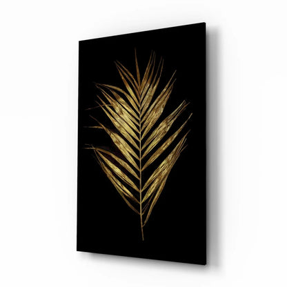 Stunning gold palm leaf glass wall art on sleek black canvas