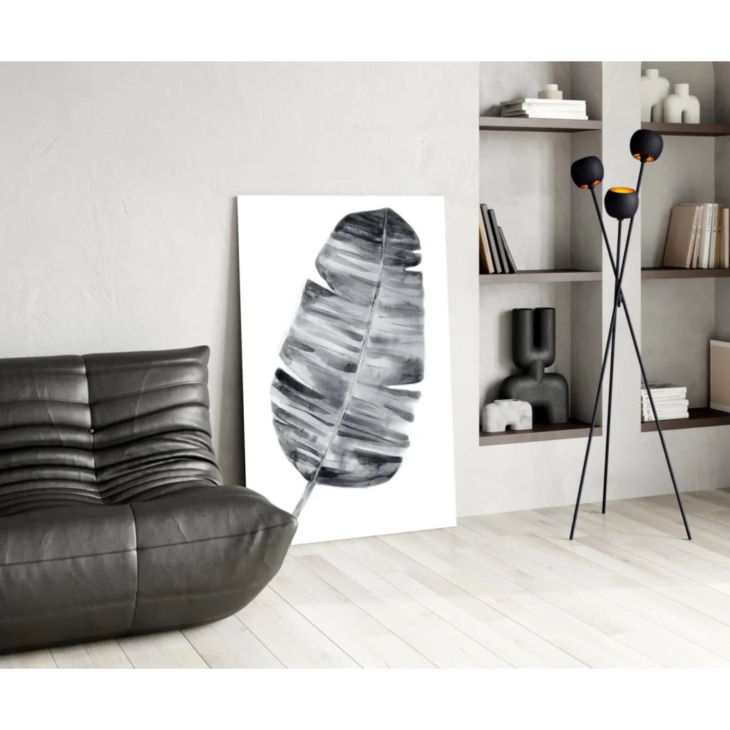 Stylized black and white banana leaf canvas wall art print