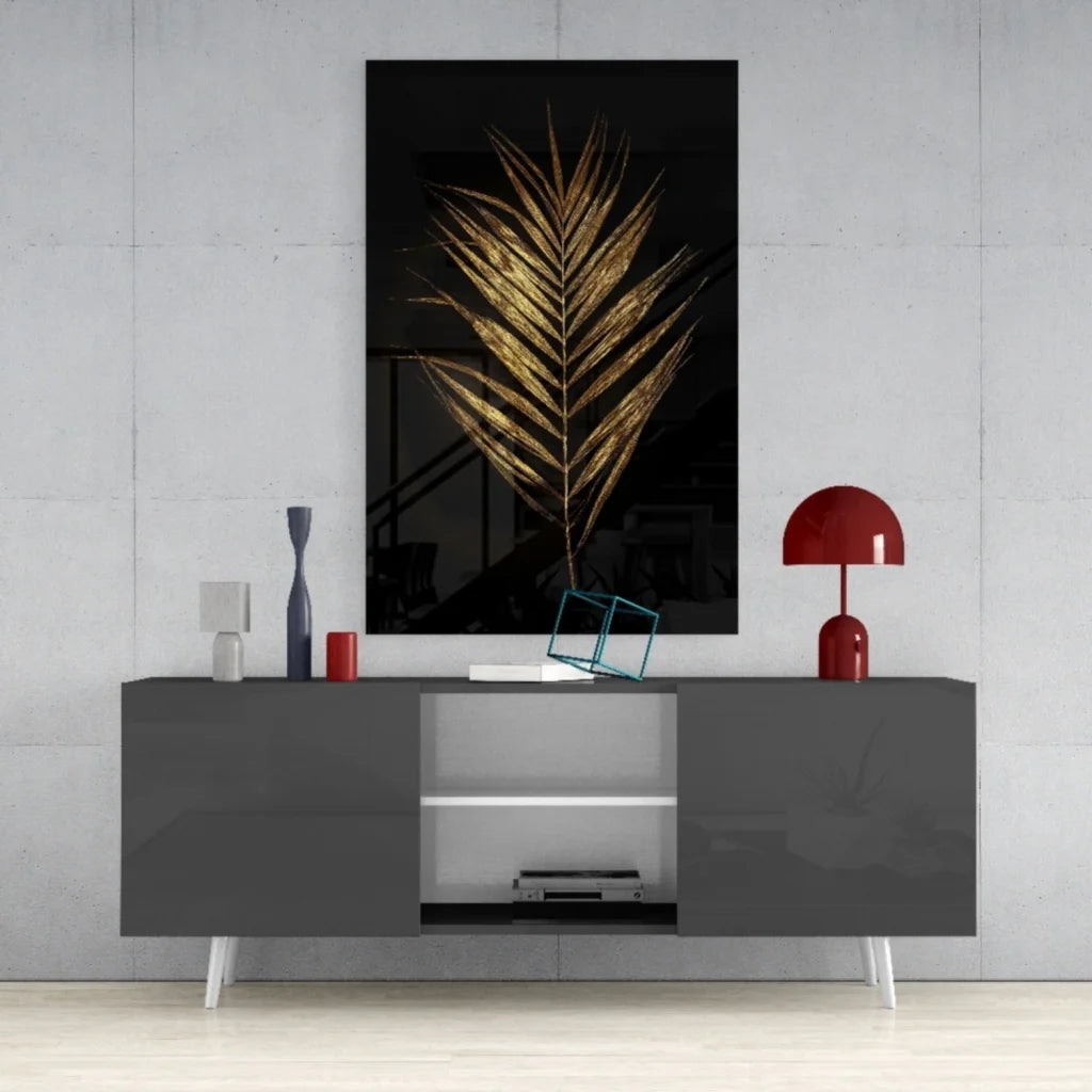 Stunning gold palm leaf glass wall art on black canvas print