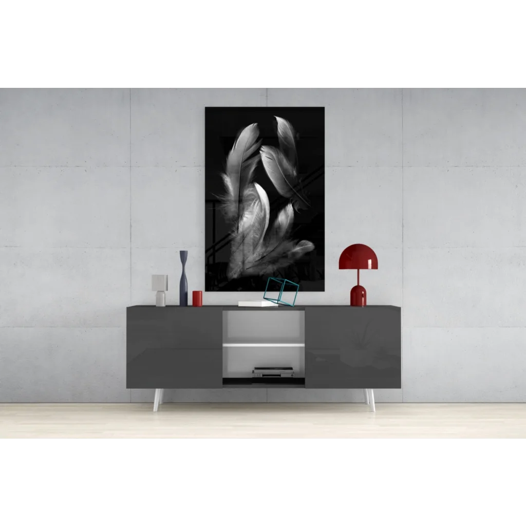 Black and white feather wall art above gray console table