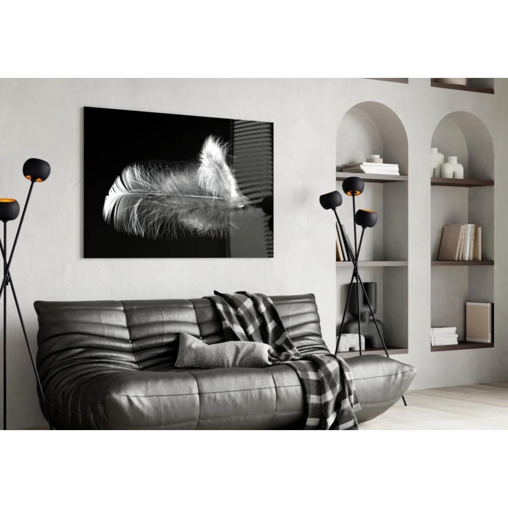 Black-and-white feather glass wall art canvas print on reflective surface