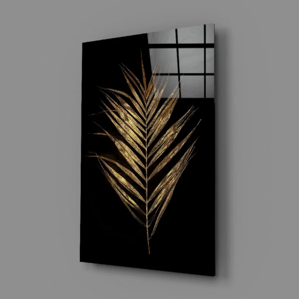 Stunning gold palm leaf glass wall art on black canvas