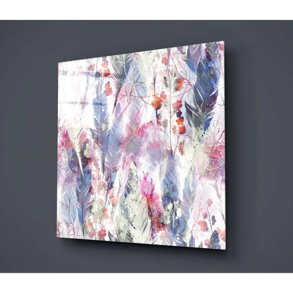 Dreamy feather watercolor glass wall art in pink and blue