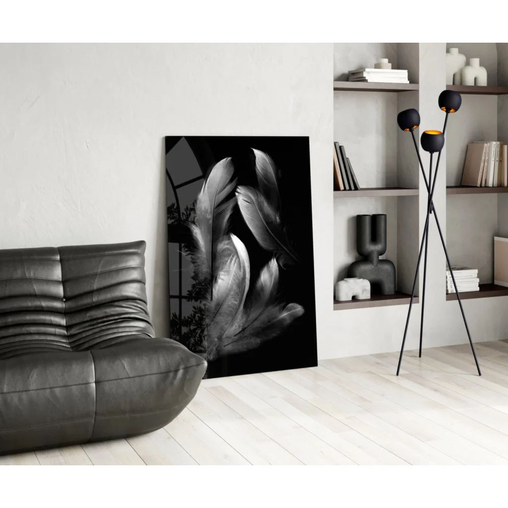 Dramatic black-and-white canvas wall art of layered feathers