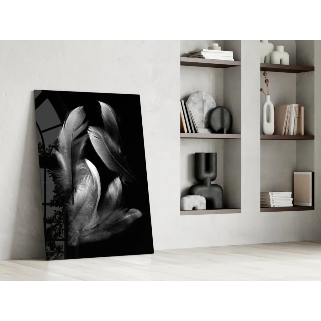 Monochromatic feather wall art canvas print in black and white