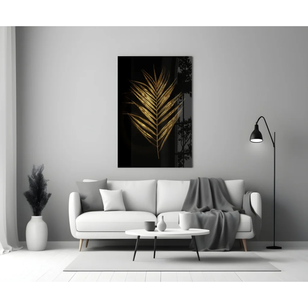 Stunning gold palm leaf glass wall art on black canvas above sofa