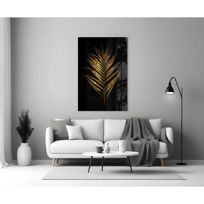 Stunning gold palm leaf glass wall art on black canvas above sofa