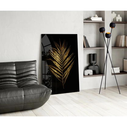 Stunning gold palm leaf glass wall art on black canvas