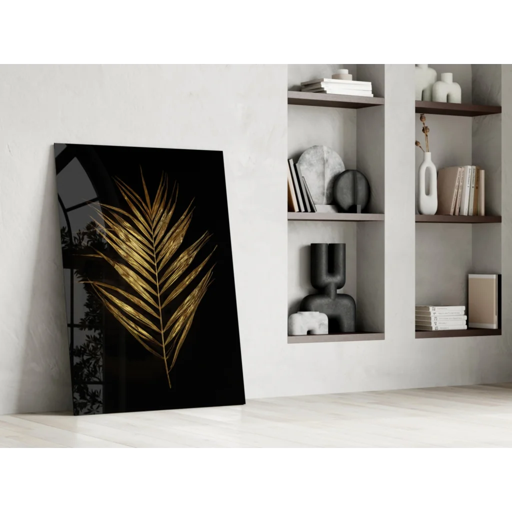 Stunning gold palm leaf glass wall art on black canvas print