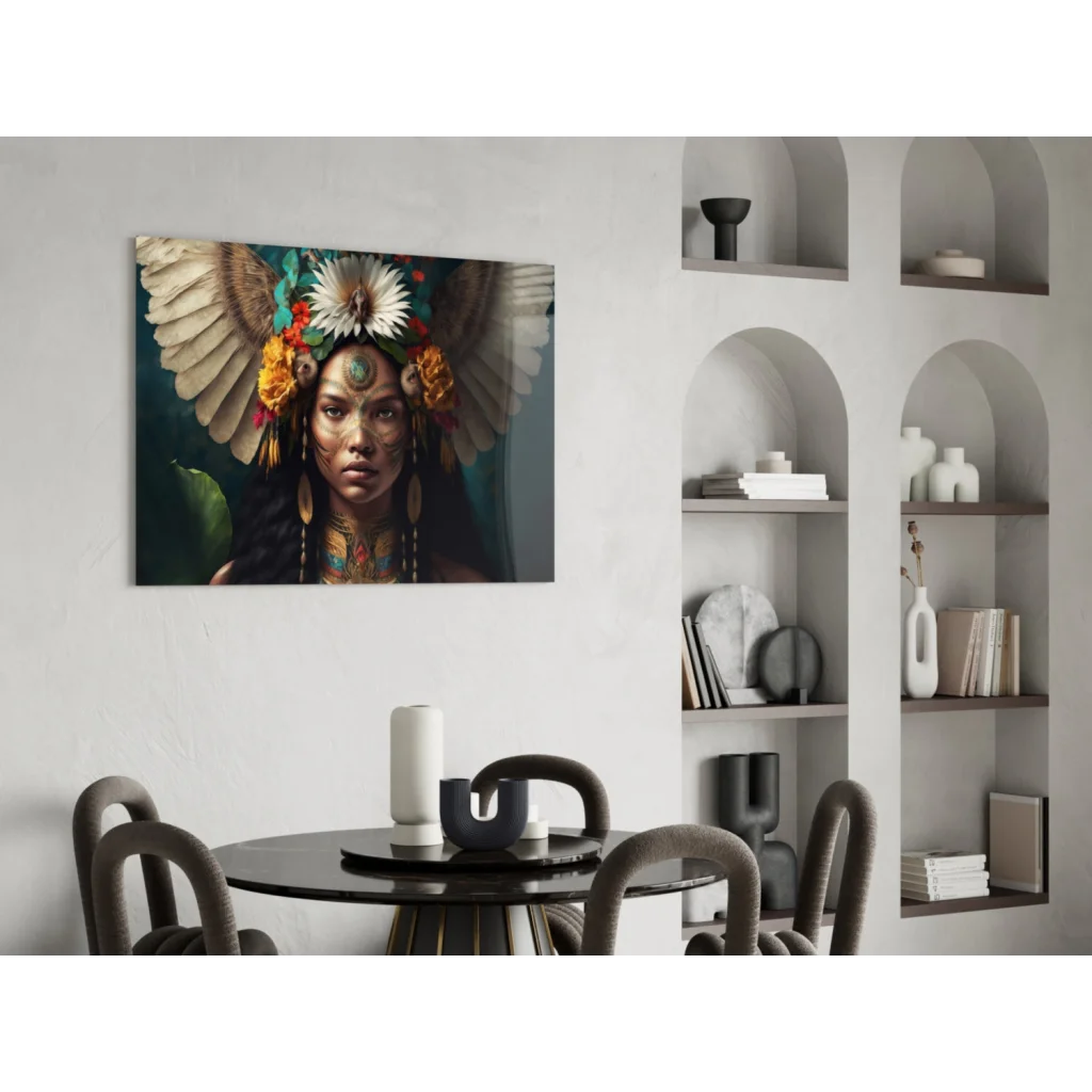 Vibrant feathered angel woman wall art with flowers and black dining table