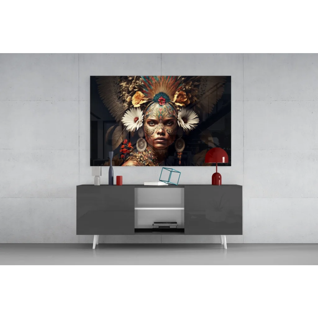 Striking black-and-white feathered goddess portrait wall art