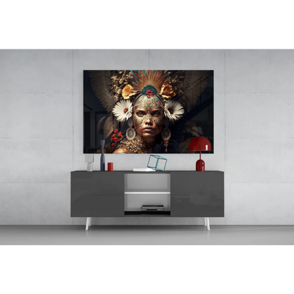 Striking black-and-white feathered goddess portrait wall art
