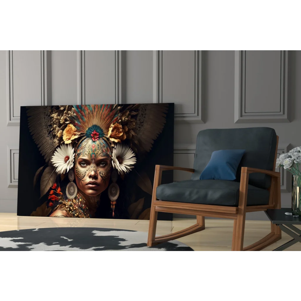 Vibrant feathered goddess portrait canvas wall art with floral headdress