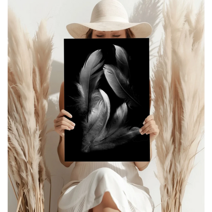 Black framed monochrome feather photo on insigne aluminum print