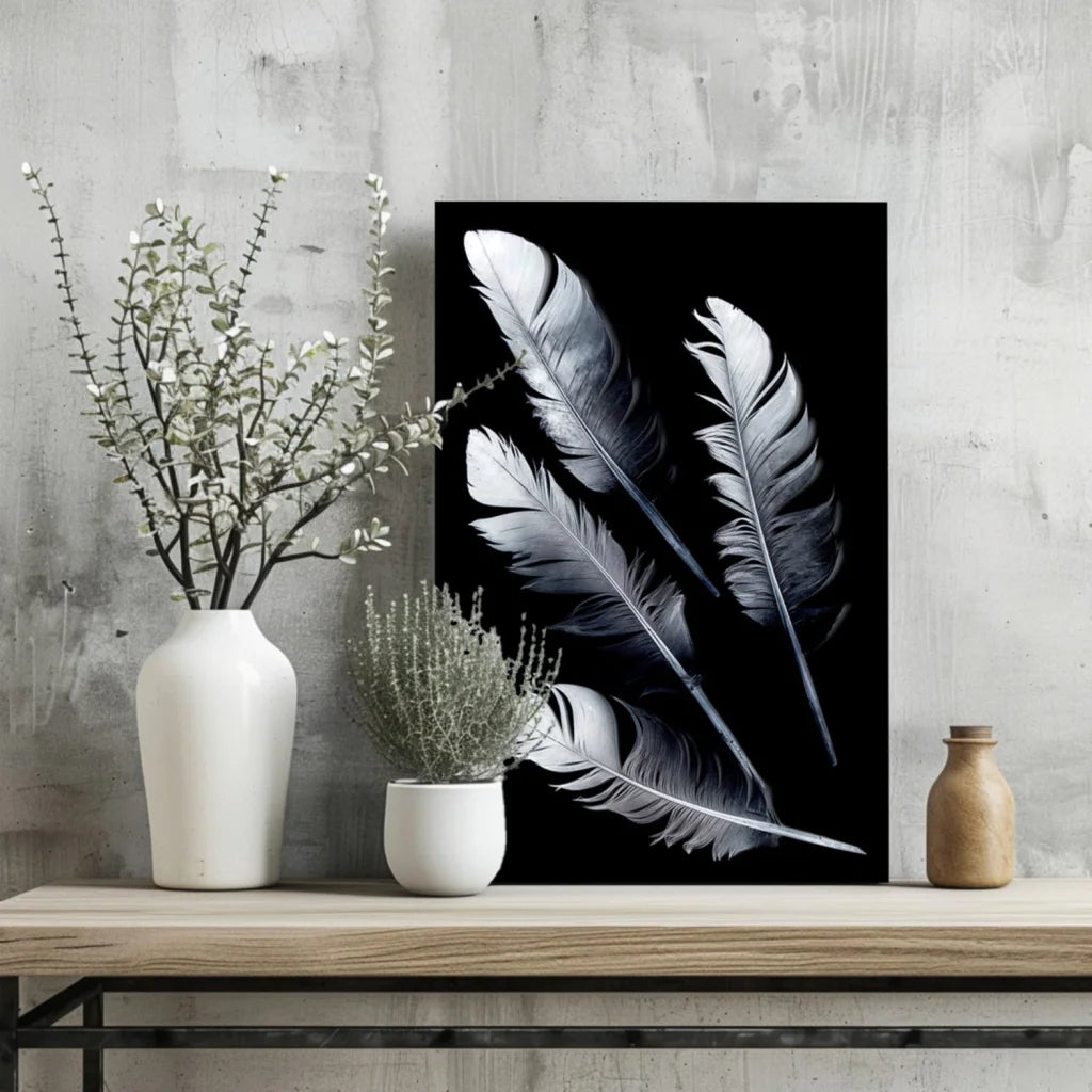 Stunning White Feathers Insigne Aluminum Prints | Glass Wall Art Print | vintageantiquesgifts.com