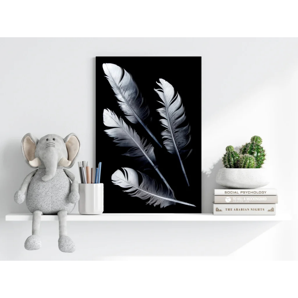 Elegant black-and-white feathers on Insigne aluminum prints