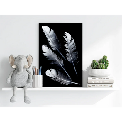 Elegant black-and-white feathers on Insigne aluminum prints