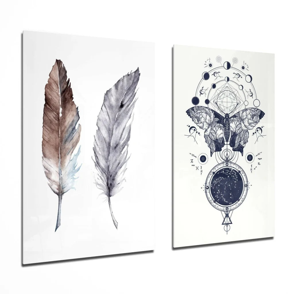 Stunning butterfly feather glass wall art set with watercolor feathers and celestial butterfly print