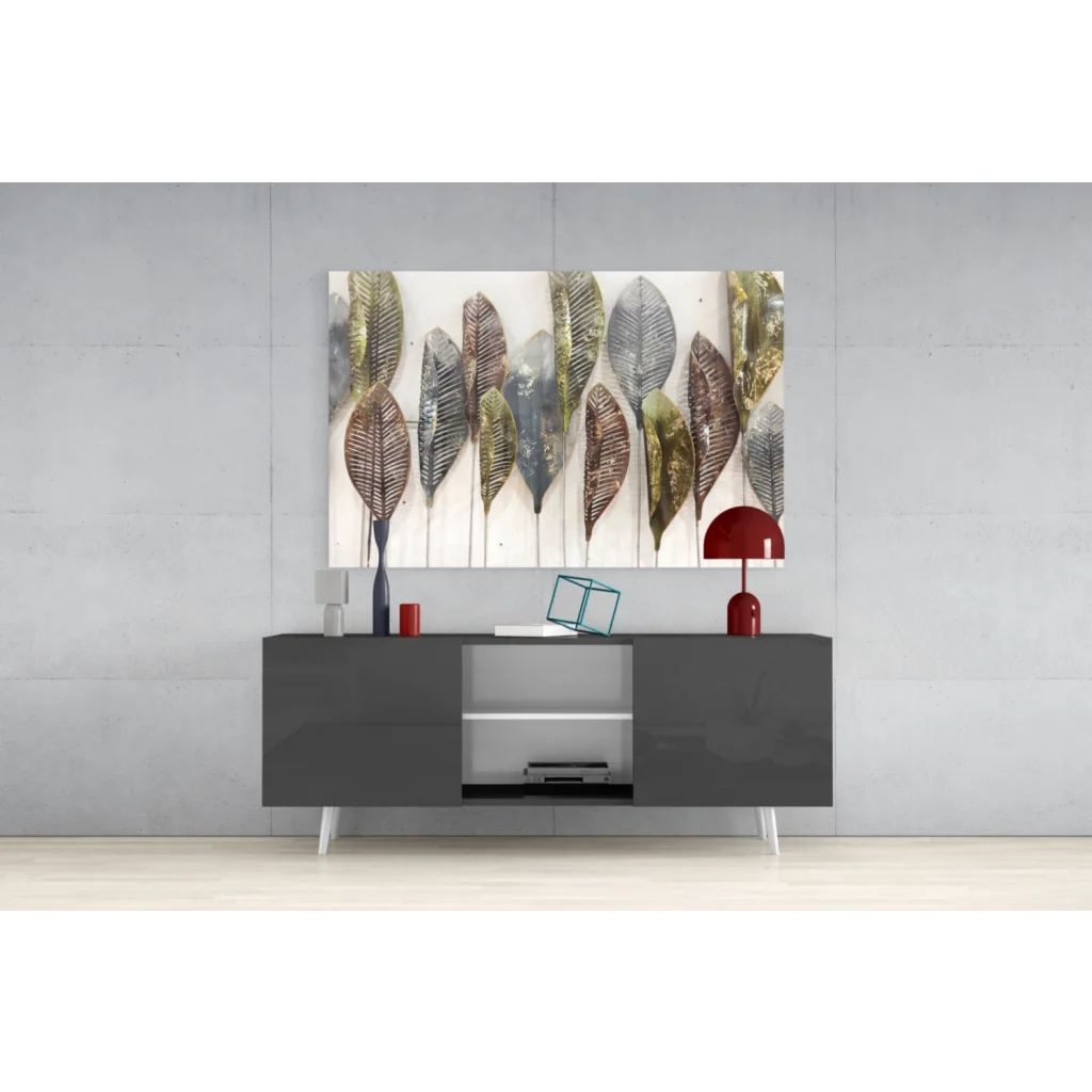 Modern abstract metal leaf glass wall art in bronze, silver, brown tones
