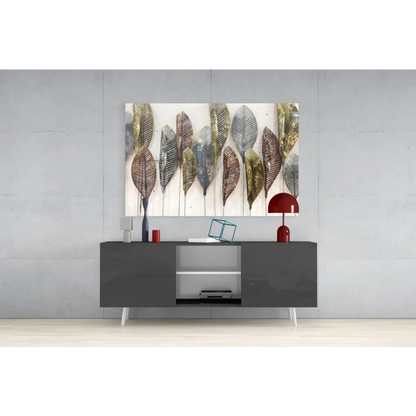 Modern abstract metal leaf glass wall art in bronze, silver, brown tones