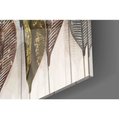 Stunning glass wall art with metallic gold and bronze feather veins