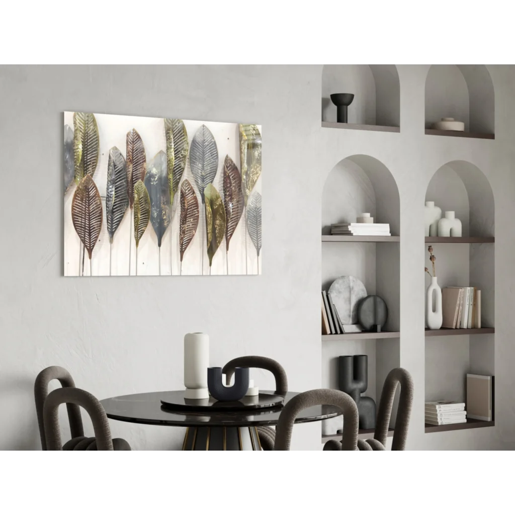 Modern metallic leaf glass wall art in bronze, silver, and muted greens