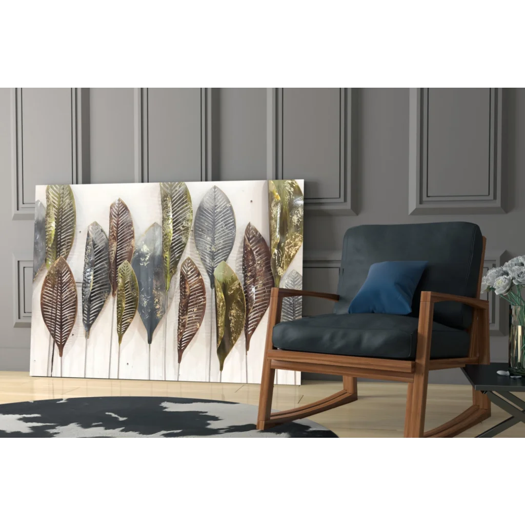 Stylized metallic leaves in bronze, silver, green on glass wall art print