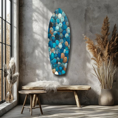 Vibrant tempered glass surfboard art with colorful mosaic bubbles