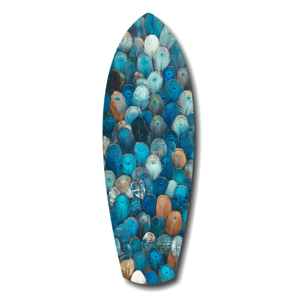 Vibrant tempered glass art surfboard with peacock feathers and agate design