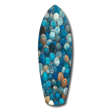 Vibrant tempered glass art surfboard with peacock feathers and agate design