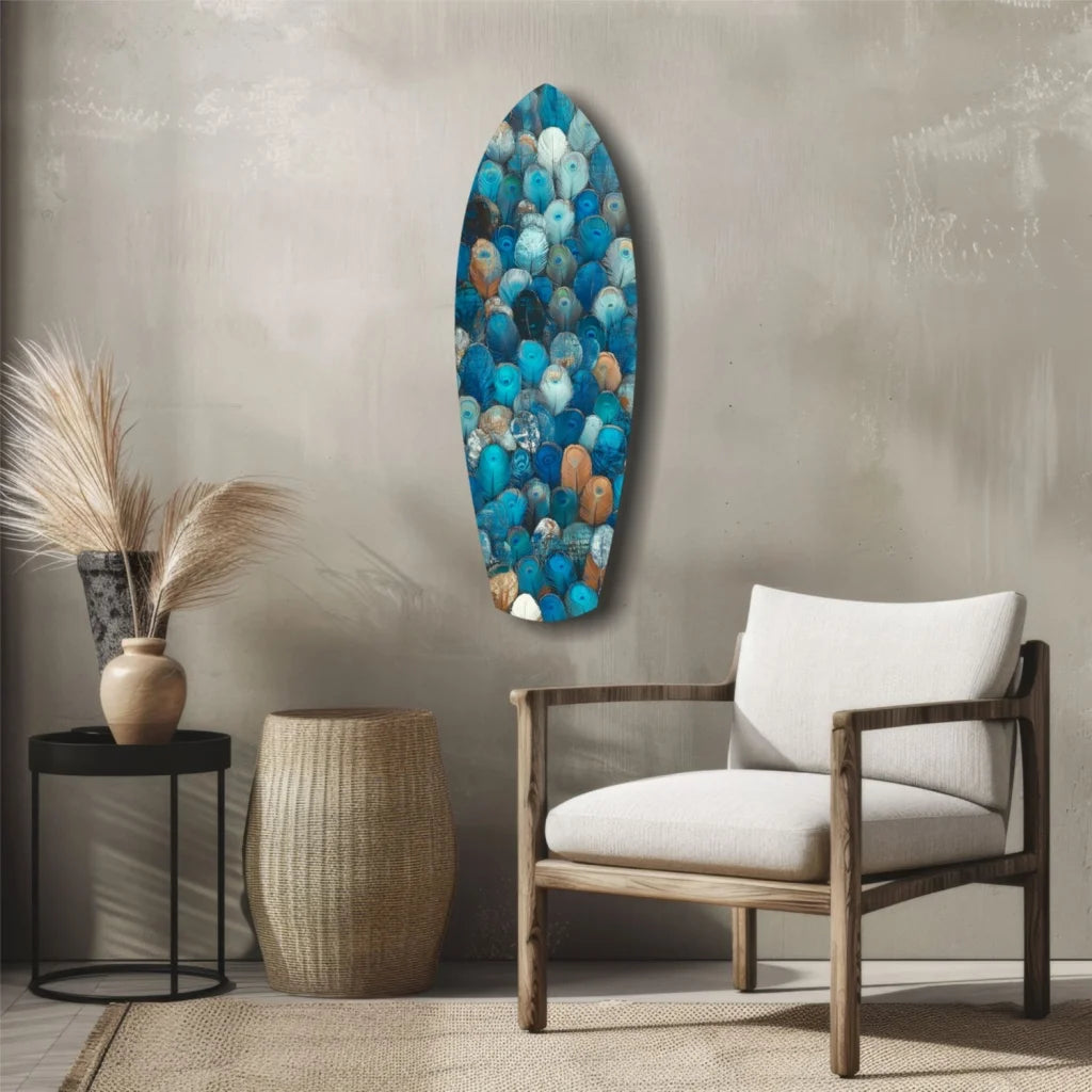 Vibrant tempered glass art surfboard with turquoise gold bead mosaic