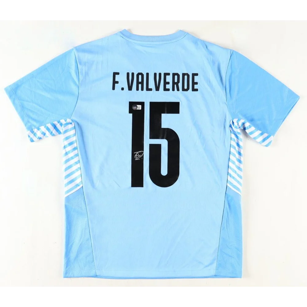Light blue Federico Valverde signed Uruguay jersey with black numbers and name for sale