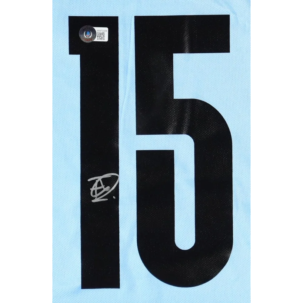 Light blue Federico Valverde signed Uruguay jersey with black number 15 and signature