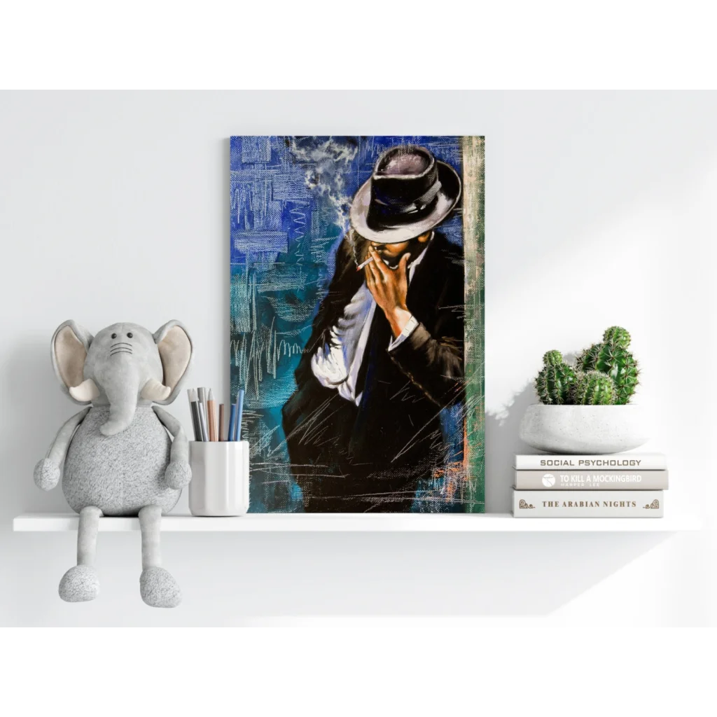 Fedora Man canvas print: suited guy in fedora smokes on blue texture