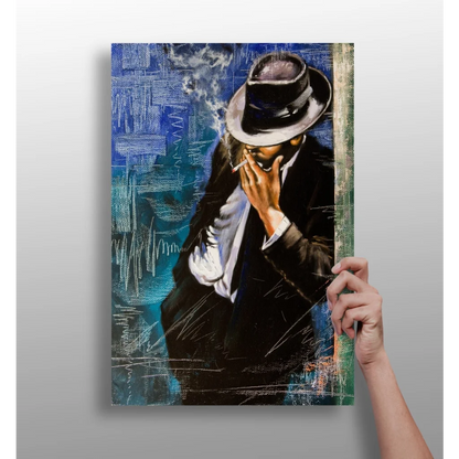 Framed Fedora Man canvas print in blue, man in suit smoking cigarette