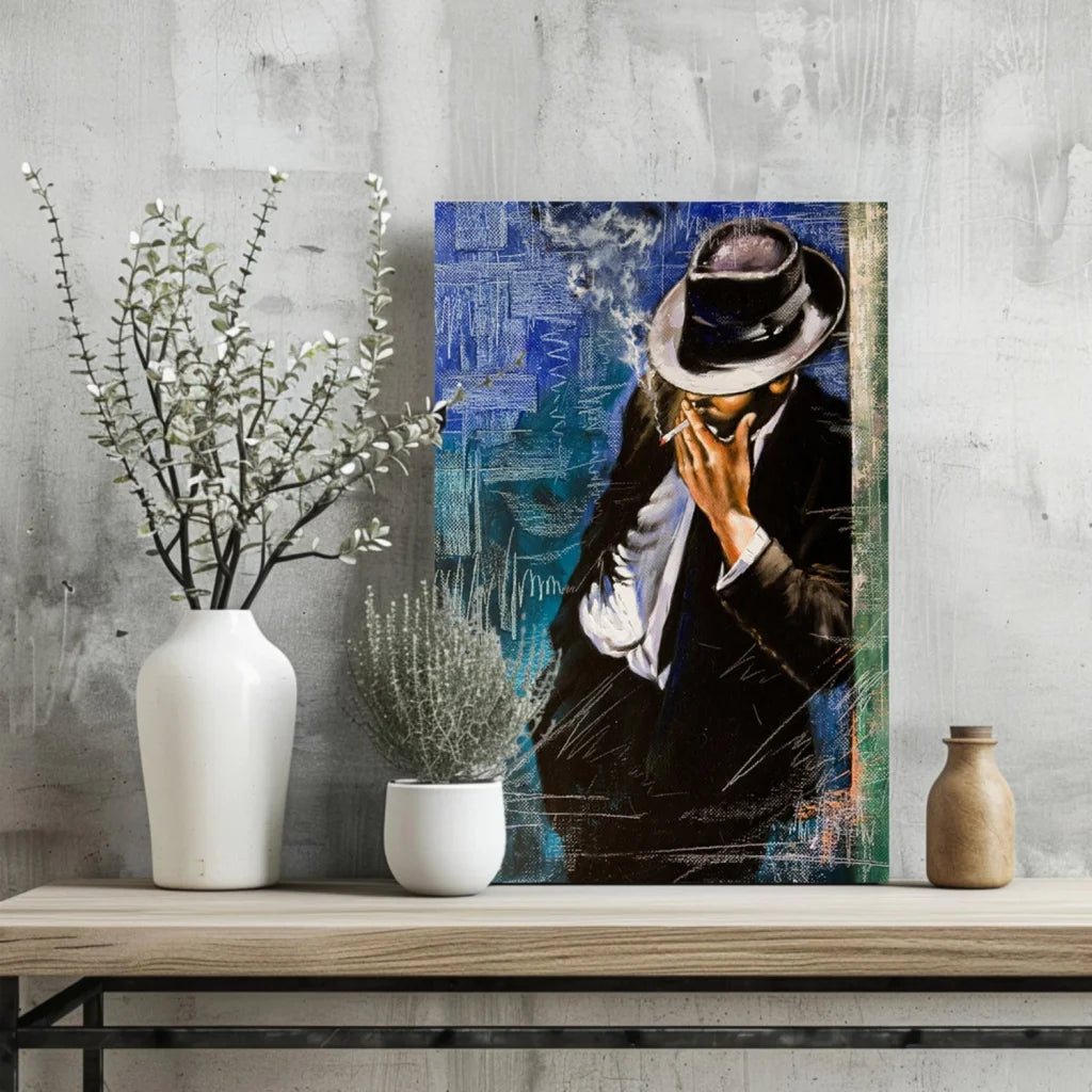 Stylish Fedora Man canvas print in blue, man in black fedora and suit smoking