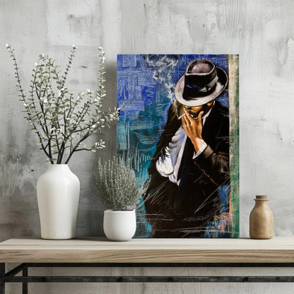 Stylish Fedora Man canvas print in blue, man in black fedora and suit smoking