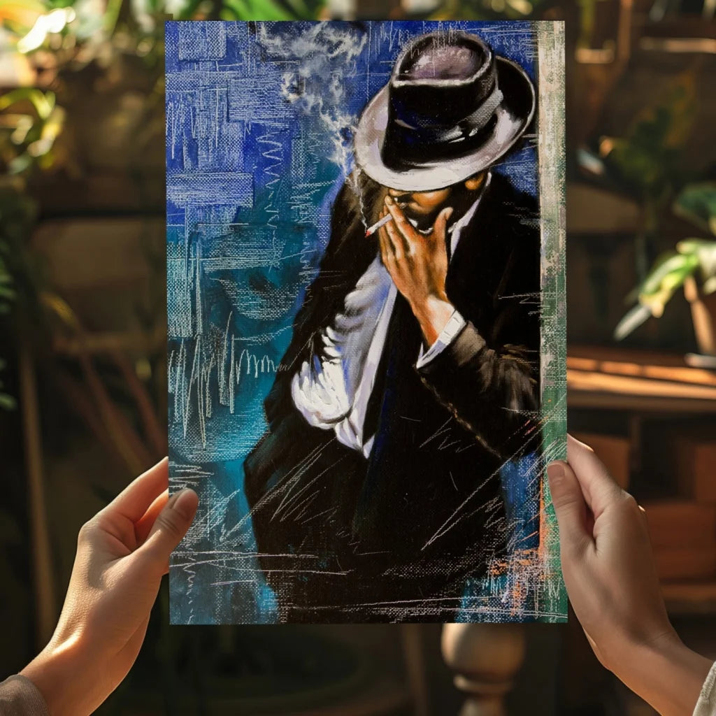 Stylized Fedora Man portrait print in blue canvas