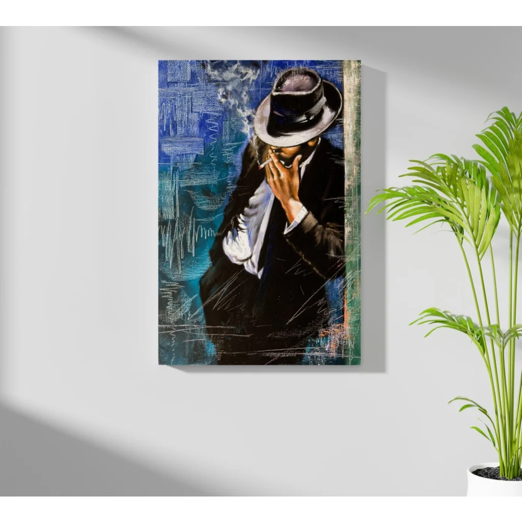 Stylized Fedora Man portrait canvas print on blue textured background