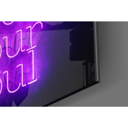 Glowing purple neon soul sign on glass wall art