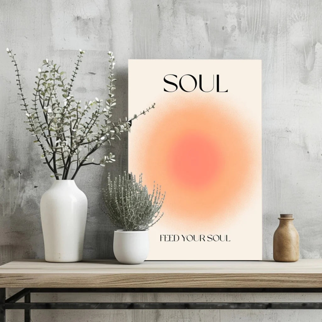 Feed Your Soul minimalist aluminum wall art print with cream poster, orange gradient circle, and soul text