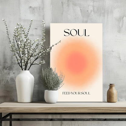 Feed Your Soul minimalist aluminum wall art print with cream poster, orange gradient circle, and soul text