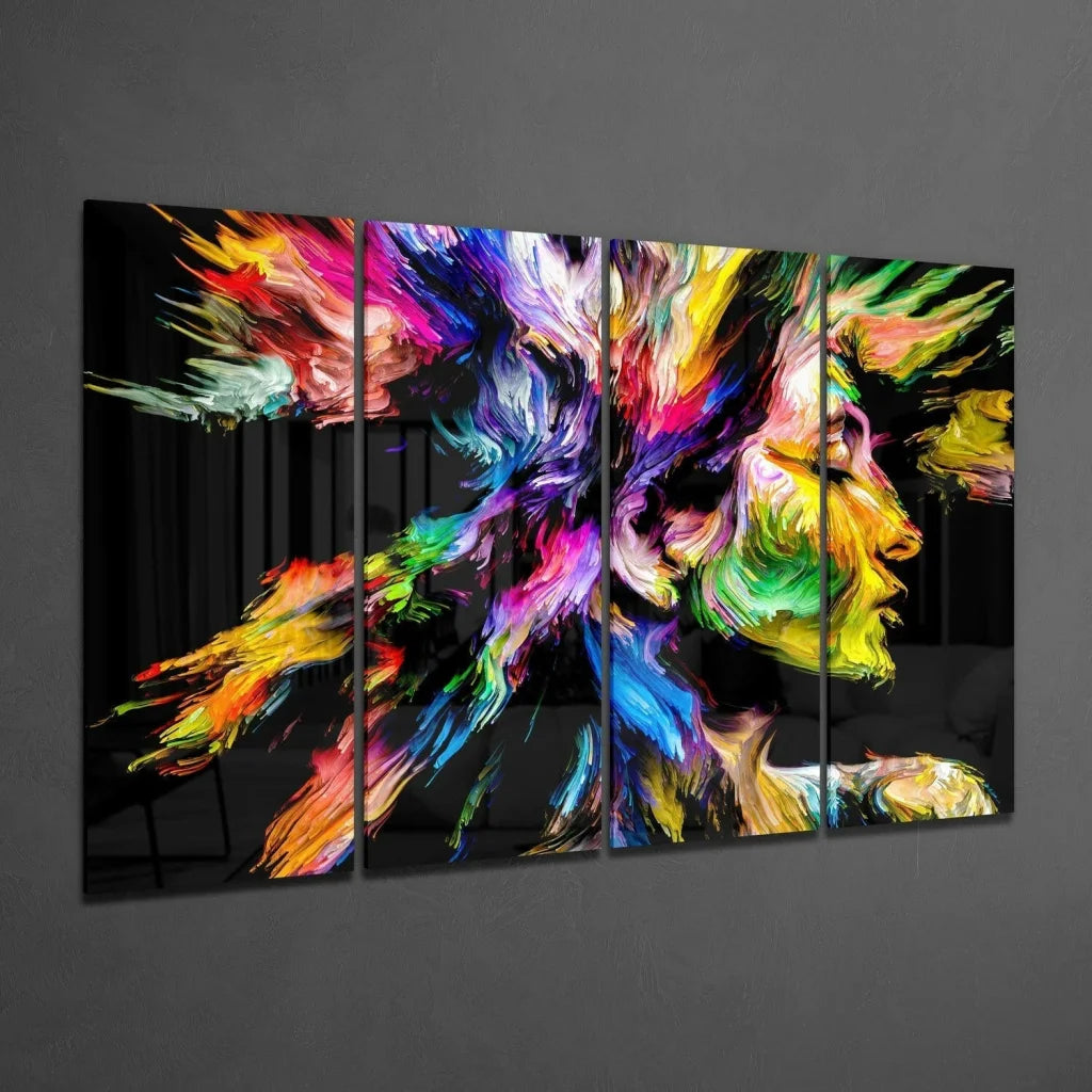 Vibrant explosive rainbow glass wall art multi-panel abstract portrait