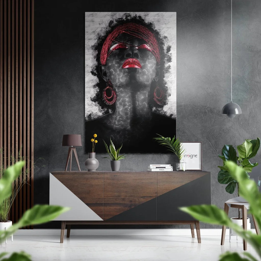 Stunning black-and-white woman portrait on brushed aluminium dibond with red lips