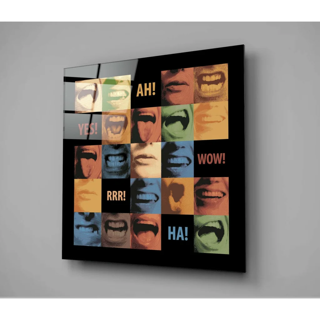 Vibrant pop art wall art canvas with colorful expressive mouths on black background